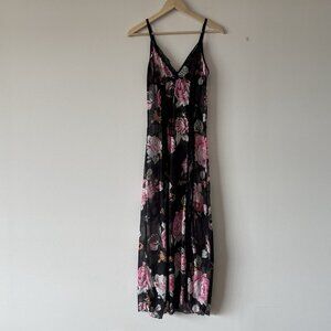 Avid love Babydoll Floral Dress LARGE Maxi Dark Floral Sheer Whimsigoth Lingerie